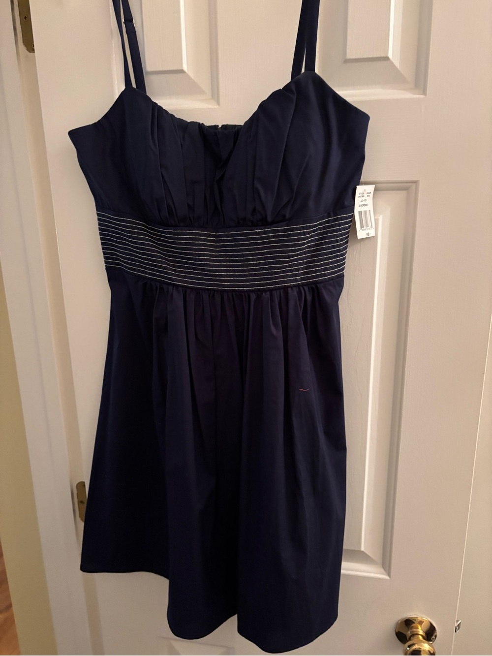 B. Smart Navy Blue Midi Dress with Striped Waistband